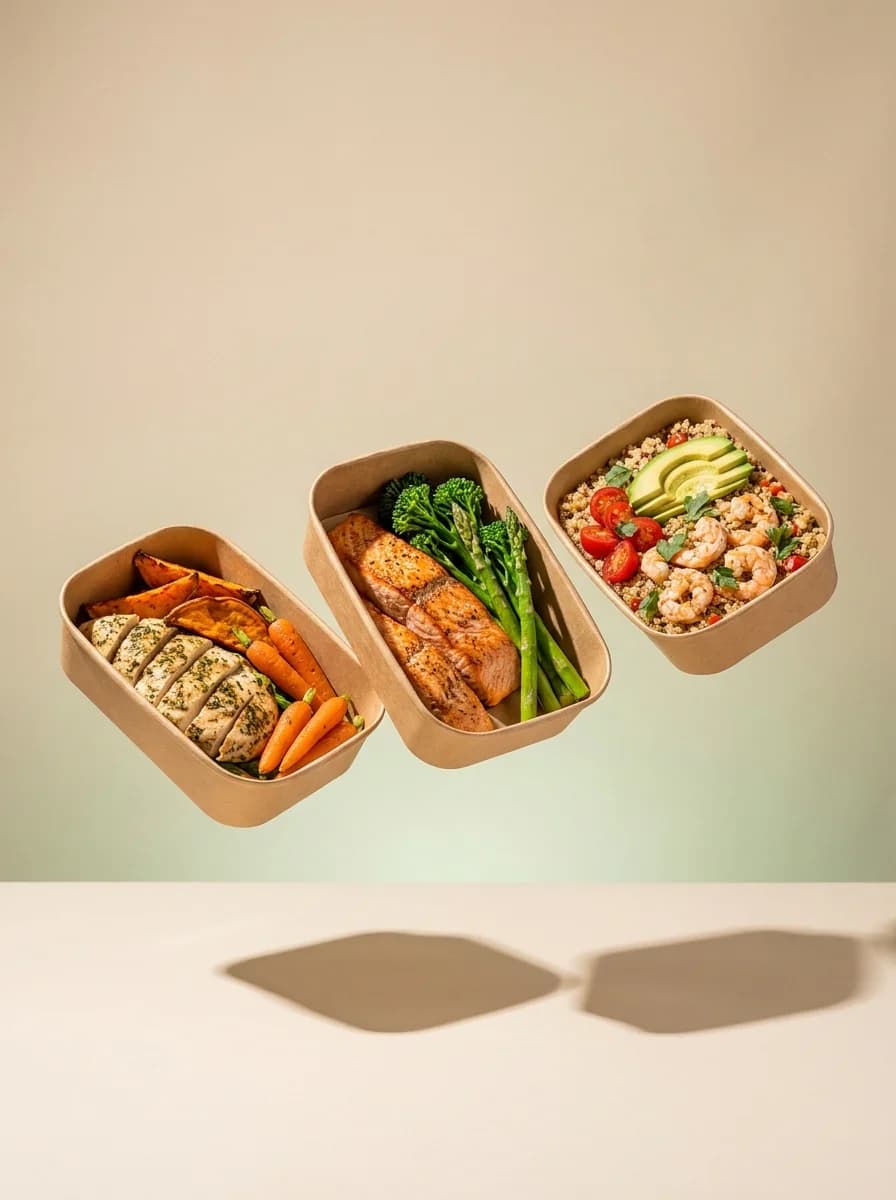 Trois repas meetmacros dans leurs boîtes kraft : poulet aux fines herbes avec patate douce et carottes, saumon et légumes verts, et crevettes au quinoa